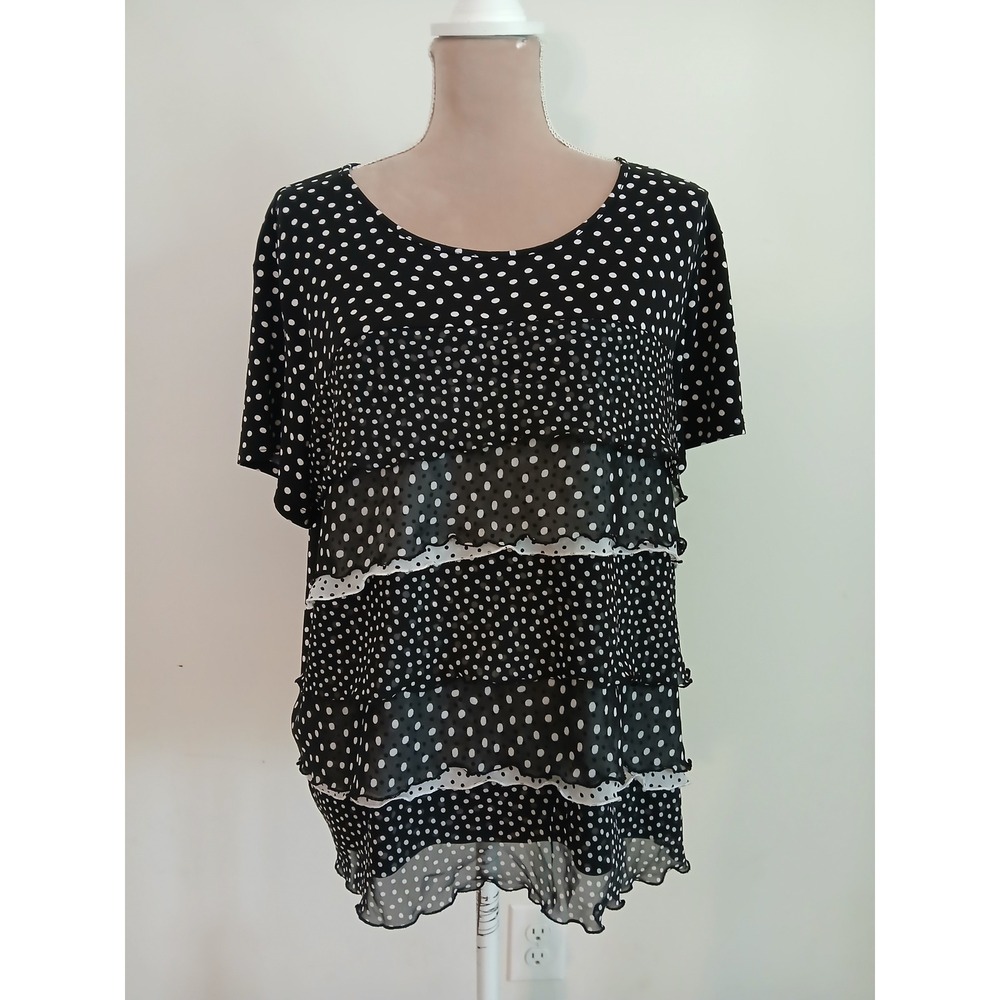 Alfred Dunner Womens Polka Dot Tiered Ruffle Short Sleeve Top Black White Large